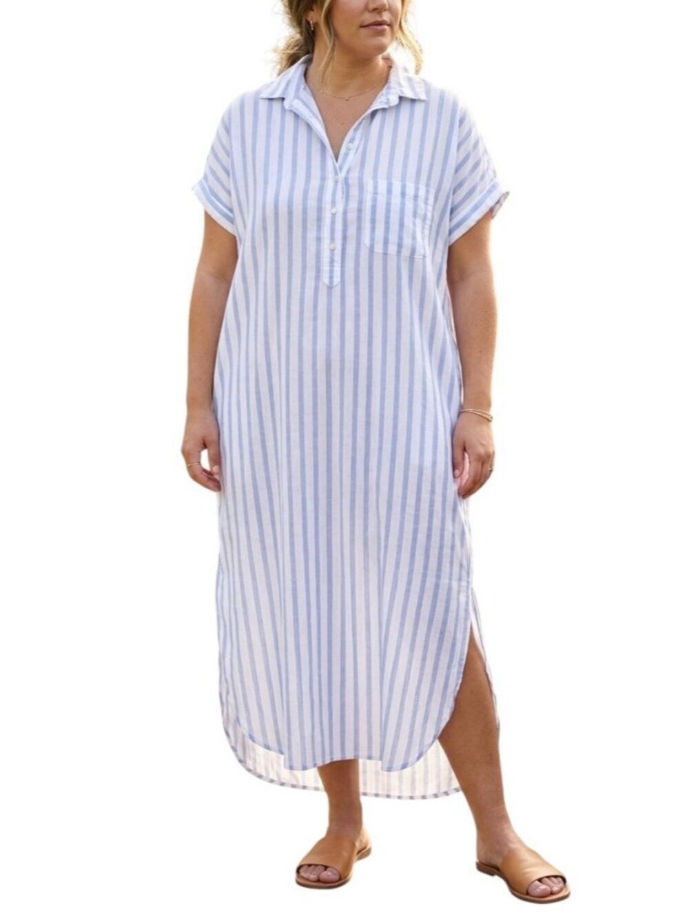 Grayson The Artist SS Dress Blue White Striped Cotton Maxi Shirt Dress Size 03